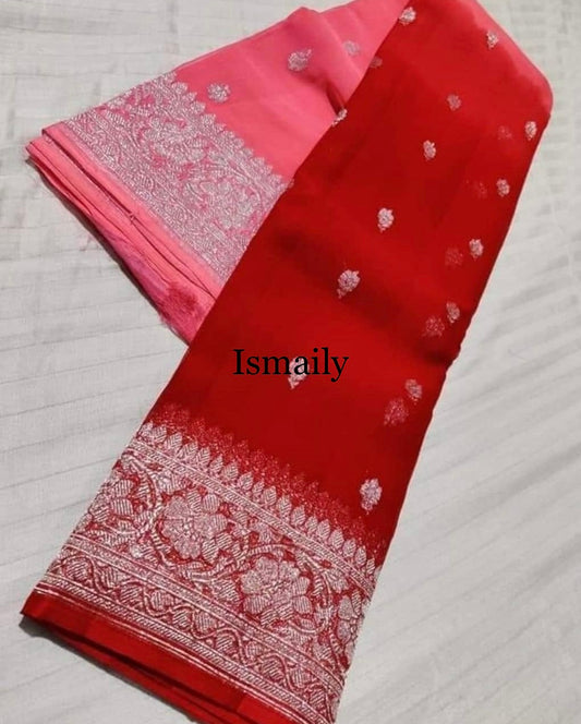 Red Banarasi Pure Khaddi Georgette Kadwa Saree