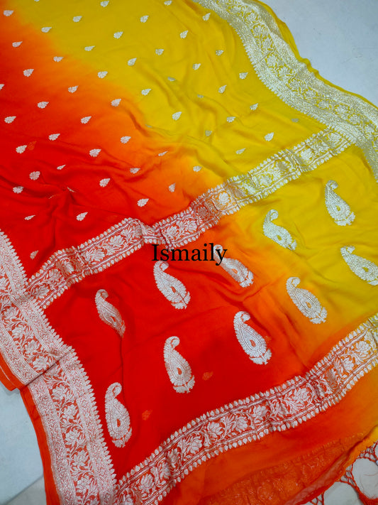 Scarlet Banarasi Pure Khaddi Georgette Kadwa Saree