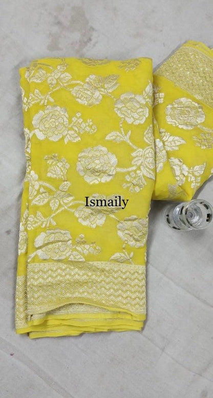 Yellow Banarasi Pure Khaddi Georgette Saree