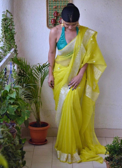 Lemon Banarasi Pure Khaddi Georgette Kadwa Saree