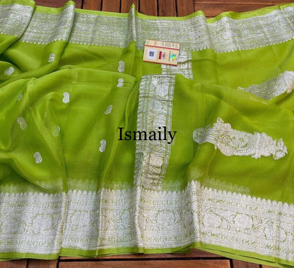 Lime Banarasi Pure Khaddi Georgette Kadwa Saree