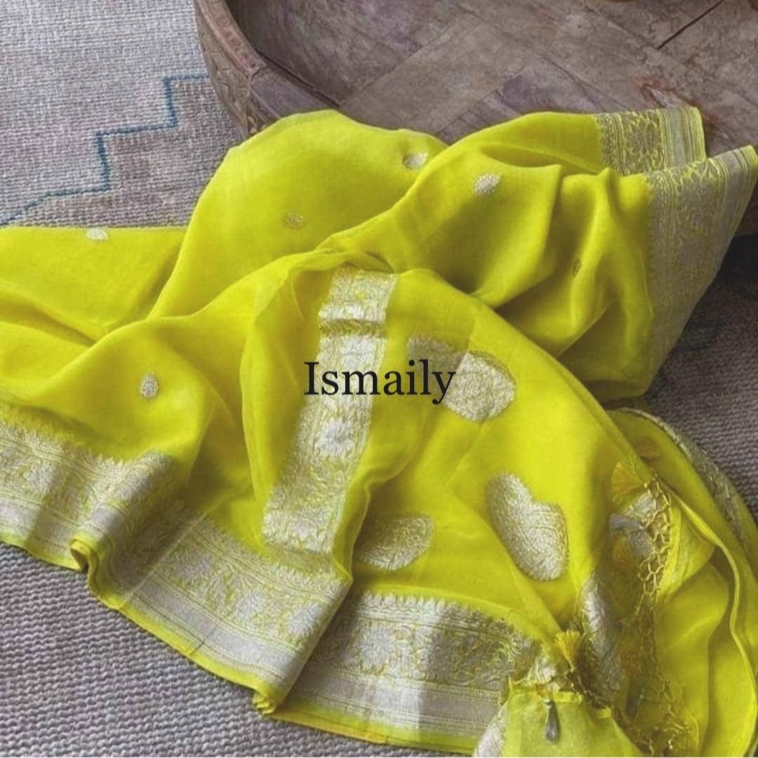 Lemon Banarasi Pure Khaddi Georgette Kadwa Saree