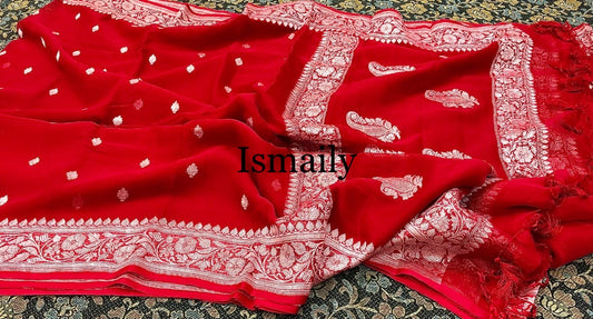 Crimson Banarasi Pure Khaddi Georgette Kadwa Saree