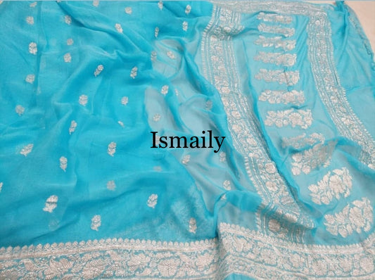 Blue Banarasi Pure Khaddi Georgette Kadwa Saree