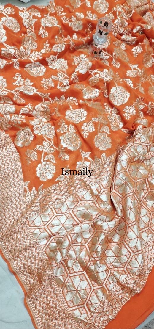 Pumpkin Banarasi Pure Khaddi Georgette Saree