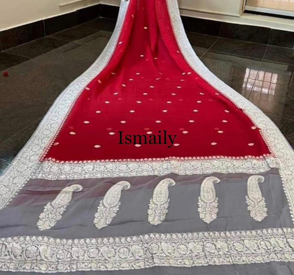 Carmine Banarasi Pure Khaddi Georgette Kadwa Saree