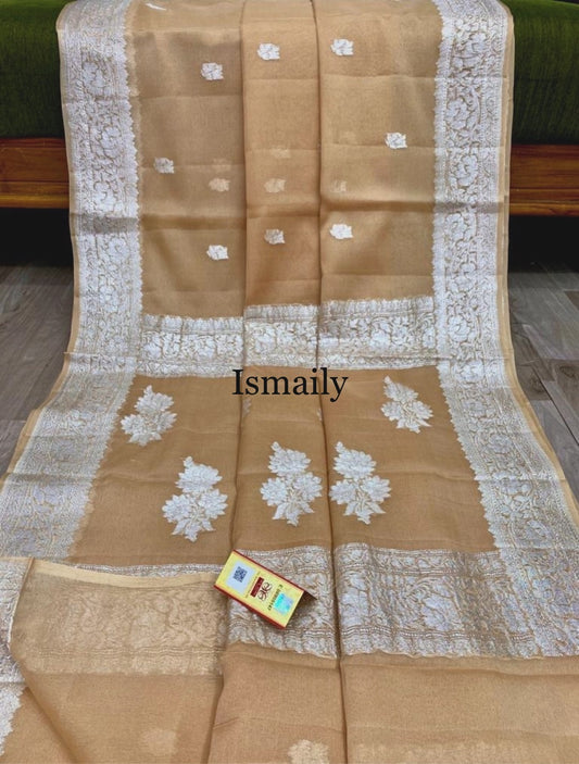 Beige Banarasi Pure Khaddi Georgette Kadwa Saree