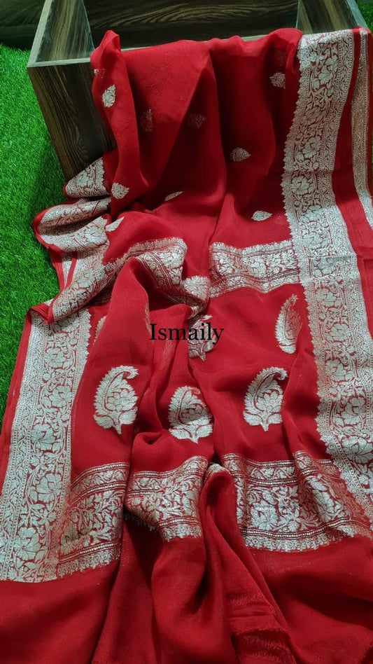 Crimson Banarasi Pure Khaddi Georgette Kadwa Saree