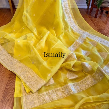 Yellow Banarasi Pure Khaddi Georgette Kadwa Saree