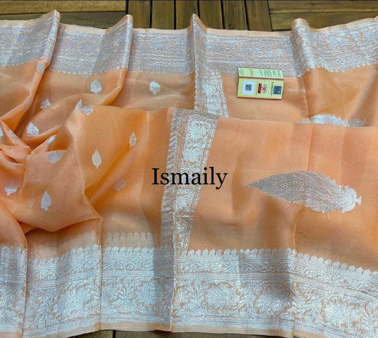 Peach Banarasi Pure Khaddi Georgette Kadwa Saree