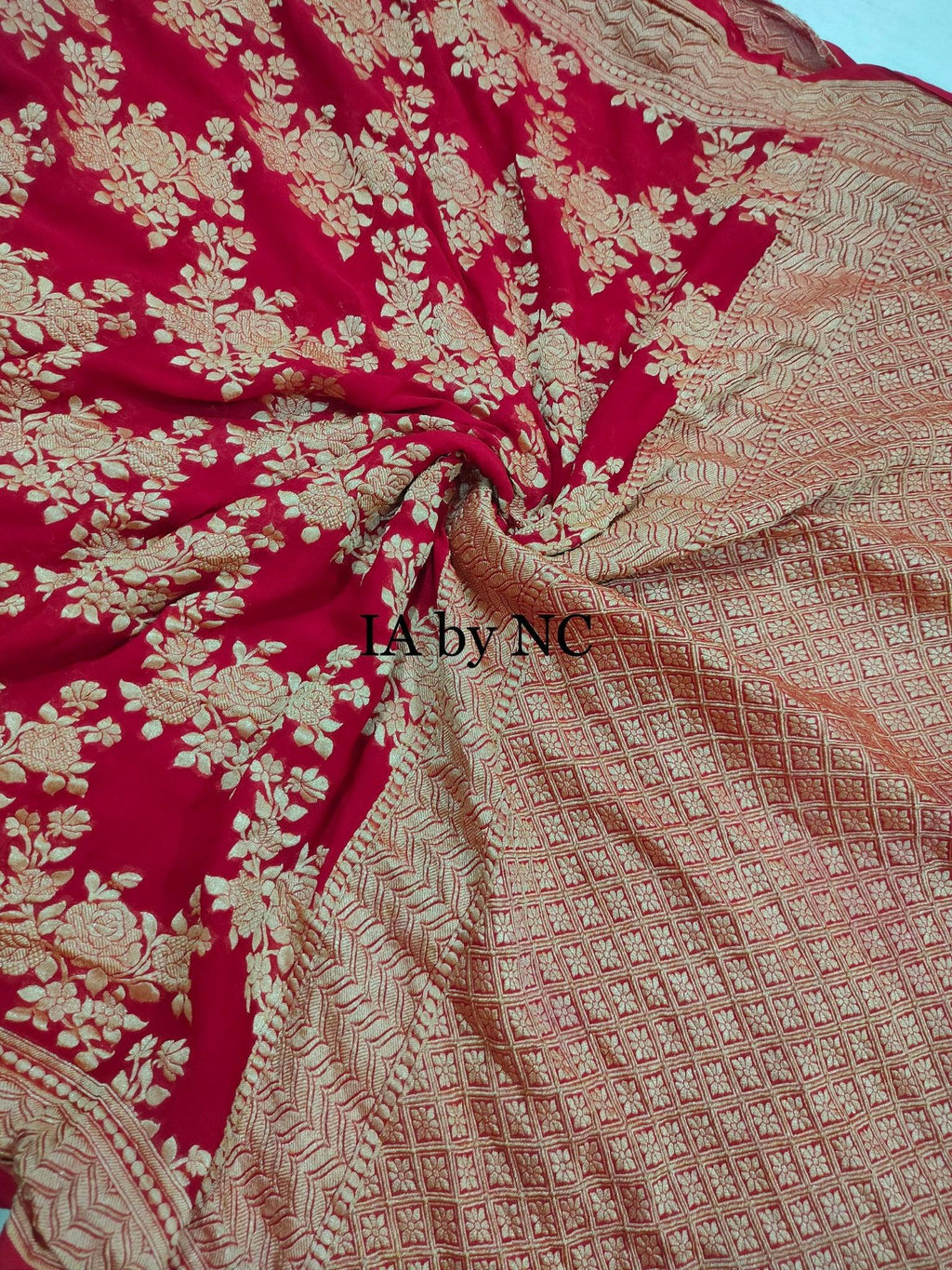 Carmine Banarasi Pure Khaddi Georgette Saree