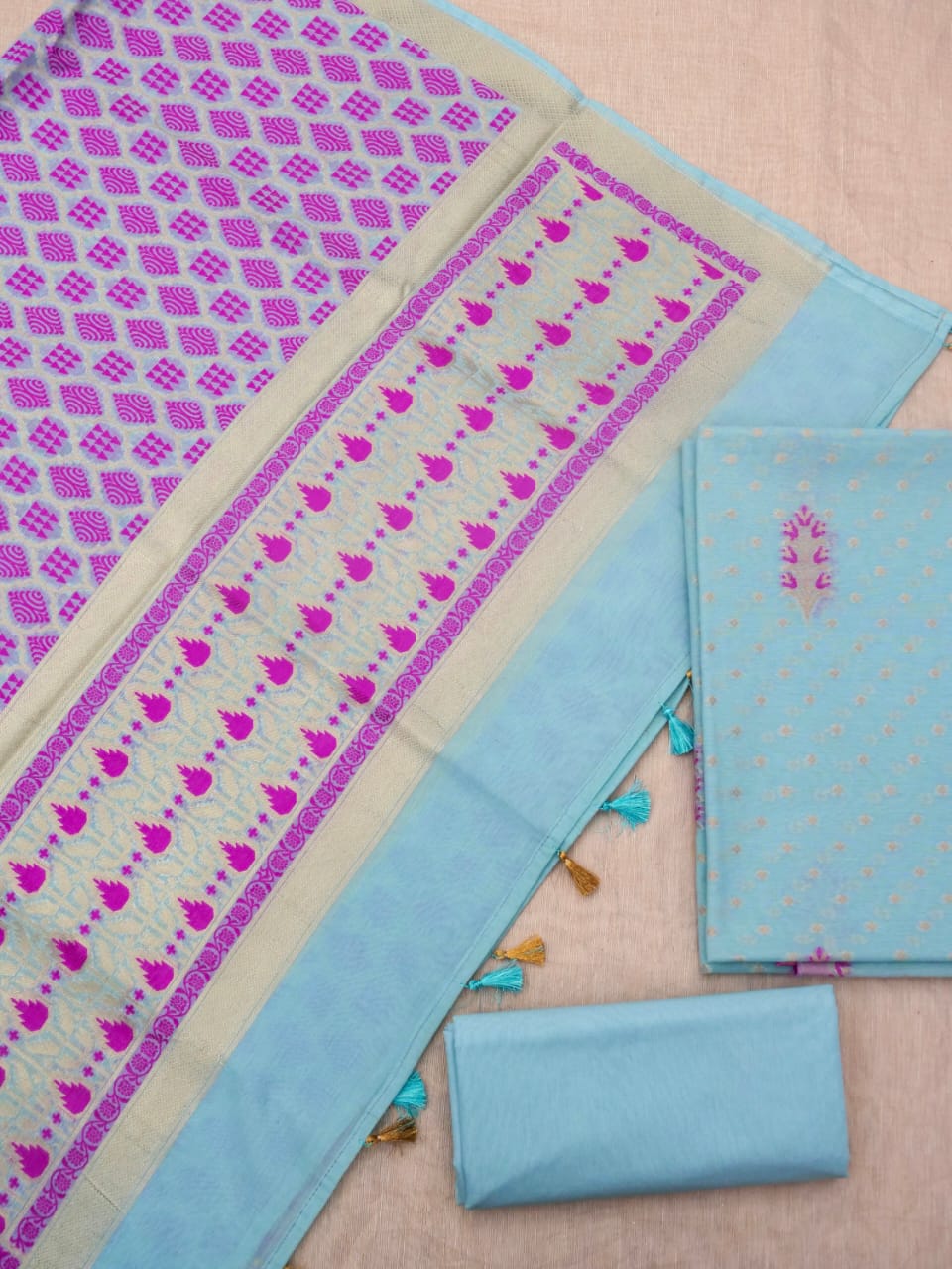 Baby Blue Banarasi Cotton Silk Jamdani Suits