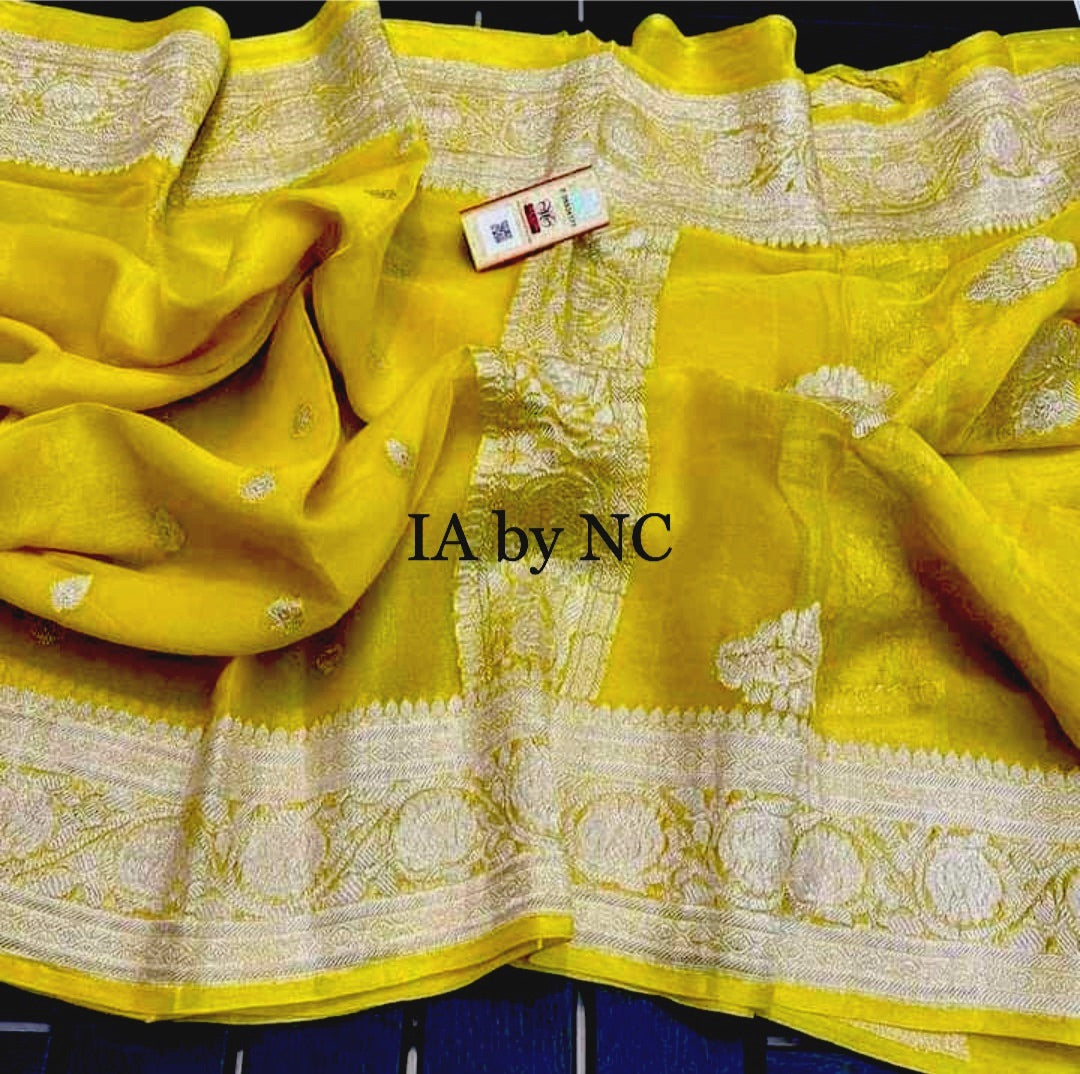 Yellow Banarasi Pure Khaddi Georgette Kadwa Saree