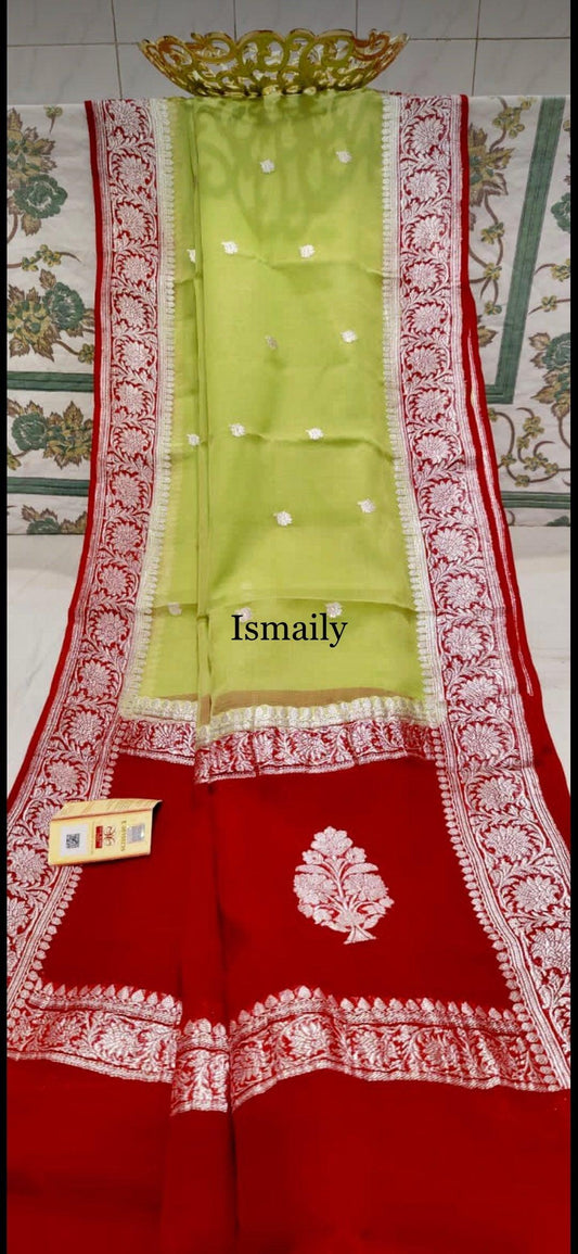 Lime Banarasi Pure Khaddi Georgette Kadwa Saree