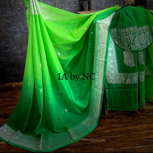 Green Banarasi Pure Khaddi Georgette Kadwa Saree