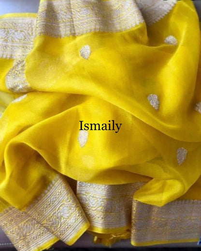 Yellow Banarasi Pure Khaddi Georgette Kadwa Saree