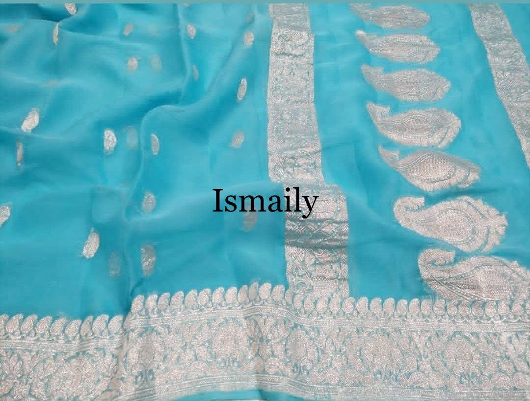 Blue Banarasi Pure Khaddi Georgette Kadwa Saree