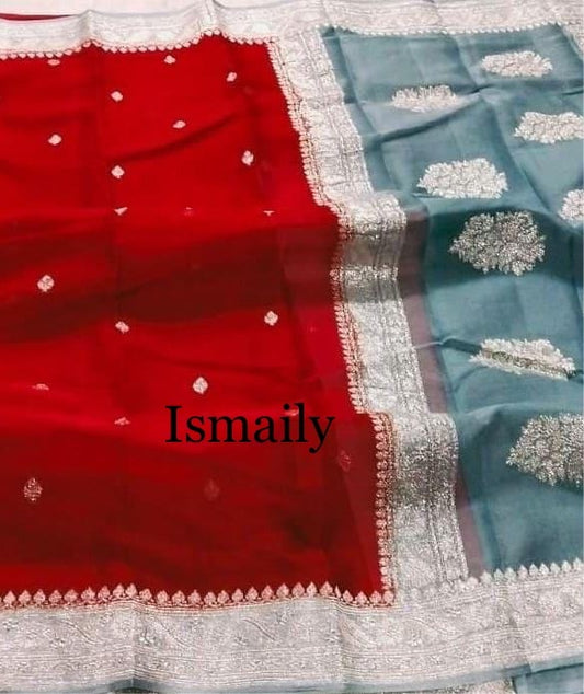 Red Banarasi Pure Khaddi Georgette Kadwa Saree