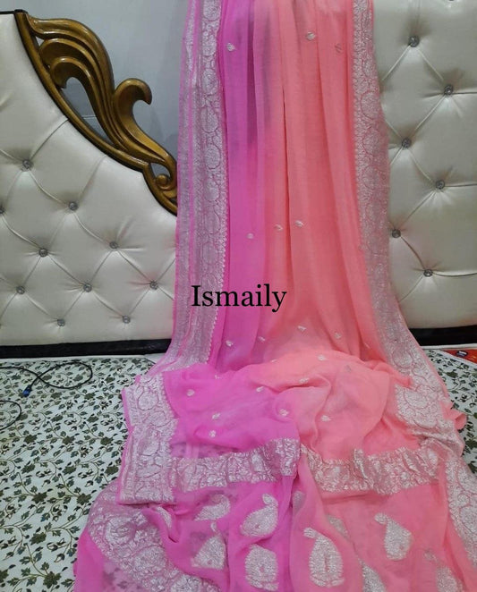 Pink Banarasi Pure Khaddi Georgette Kadwa Saree