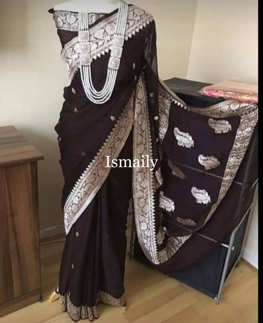 Umber Banarasi Pure Khaddi Georgette Kadwa Saree