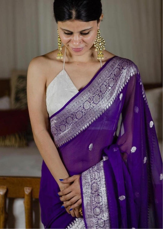 Grape Banarasi Pure Khaddi Georgette Kadwa Saree