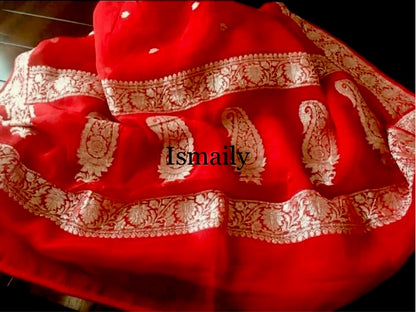 Red Banarasi Pure Khaddi Georgette Kadwa Saree