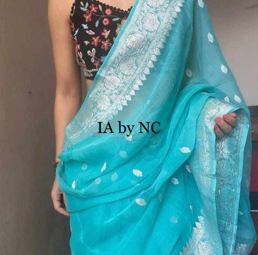 Turquoise Banarasi Pure Khaddi Georgette Kadwa Saree