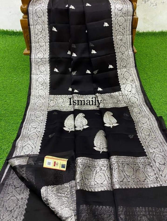 Black Banarasi Pure Khaddi Georgette Kadwa Saree