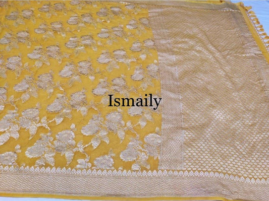 Goldenrod Banarasi Pure Khaddi Georgette Saree