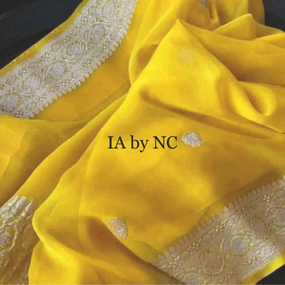 Yellow Banarasi Pure Khaddi Georgette Kadwa Saree