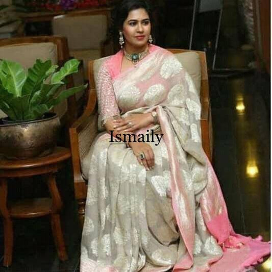 Offwhite Banarasi Pure Khaddi Georgette Saree