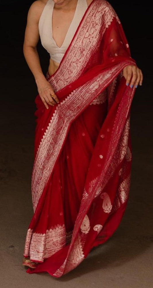 Carmine Banarasi Pure Khaddi Georgette Kadwa Saree