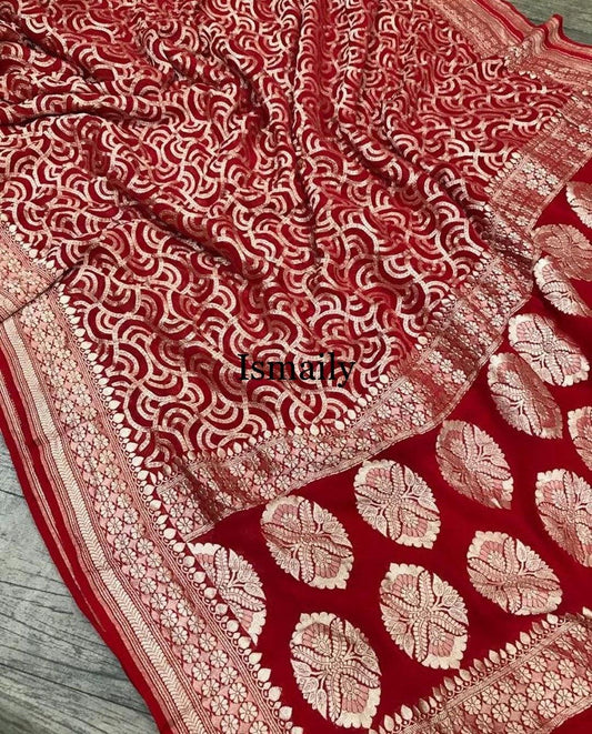 Carmine Banarasi Pure Khaddi Georgette Saree