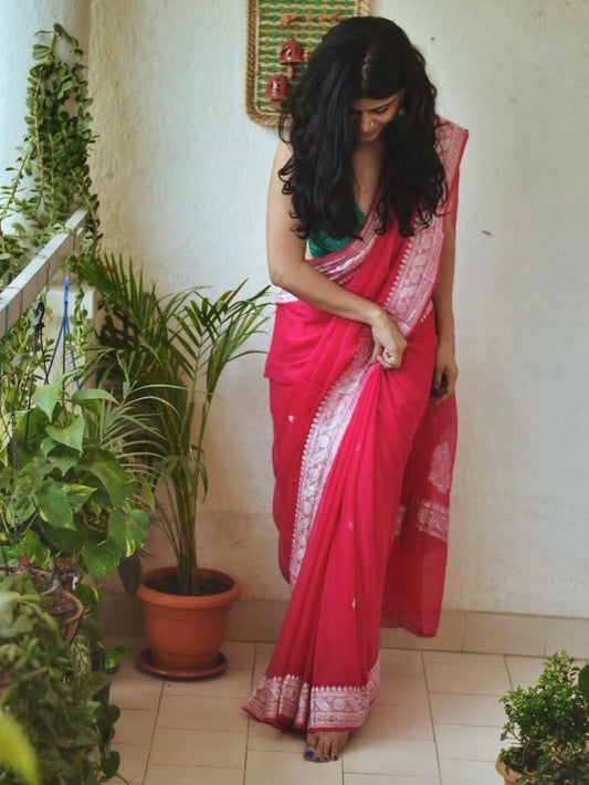 Cerise Banarasi Pure Khaddi Georgette Kadwa Saree