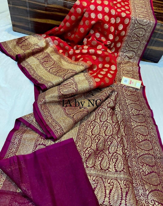 Crimson Banarasi Pure Khaddi Georgette Sarees