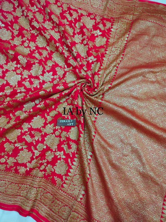 Crimson Banarasi Pure Khaddi Georgette Saree