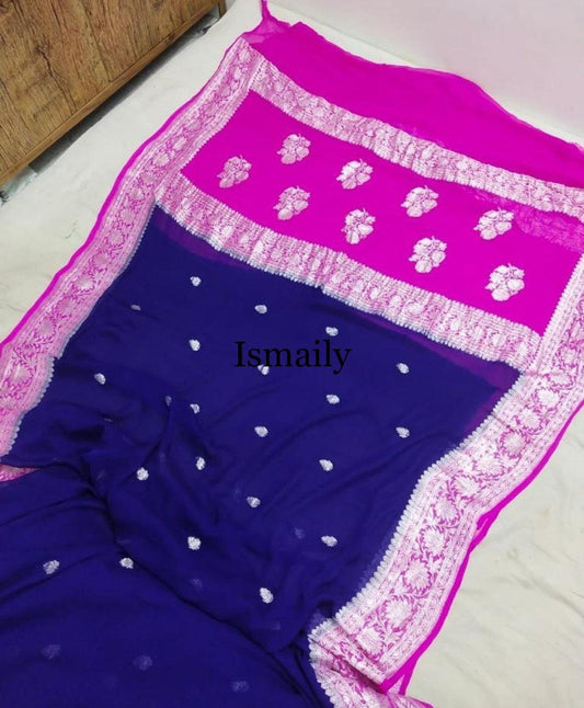 Navy Banarasi Pure Khaddi Georgette Kadwa Saree