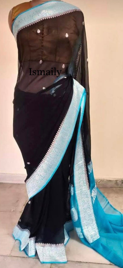 Black Banarasi Pure Khaddi Georgette Kadwa Saree