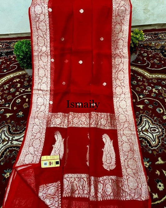 Carmine Banarasi Pure Khaddi Georgette Kadwa Saree