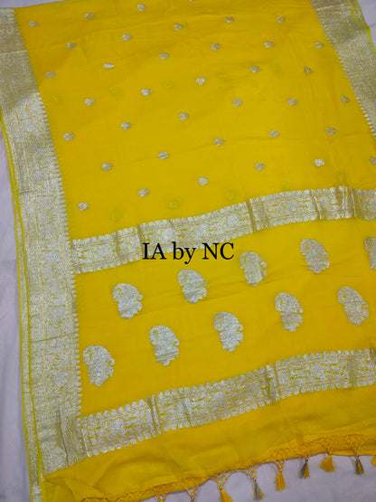 Yellow Banarasi Pure Khaddi Georgette Kadwa Saree