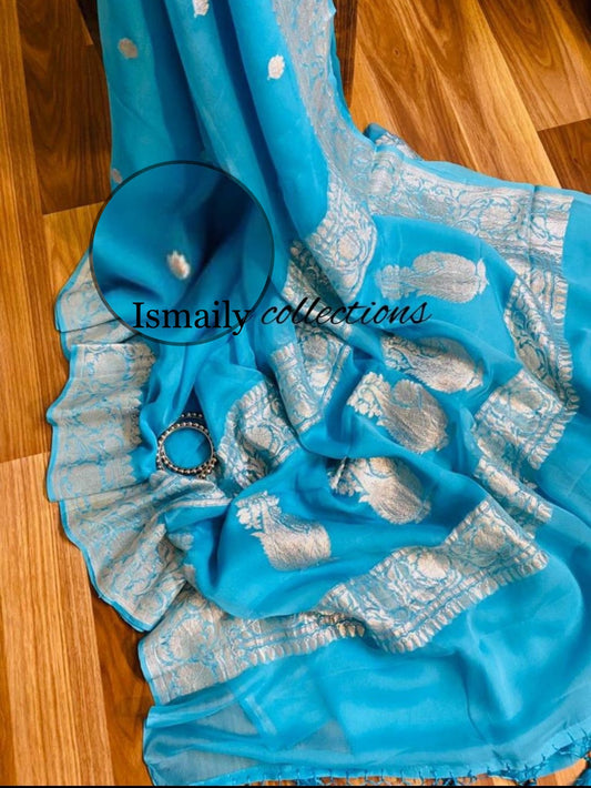 Blue Banarasi Pure Khaddi Georgette Kadwa Saree