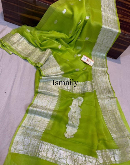 Lime Banarasi Pure Khaddi Georgette Kadwa Saree