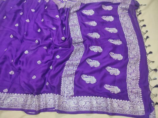 Purple Banarasi Pure Khaddi Georgette Kadwa Saree