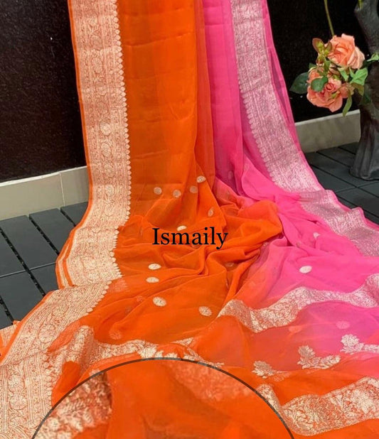 Orange Banarasi Pure Khaddi Georgette Kadwa Saree