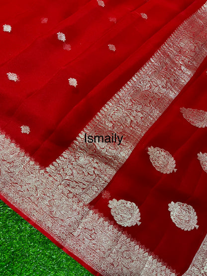 Crimson Banarasi Pure Khaddi Georgette Kadwa Saree