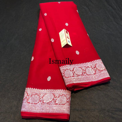 Crimson Banarasi Pure Khaddi Georgette Kadwa Saree