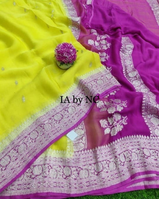 Yellow Banarasi Pure Khaddi Georgette Kadwa Saree